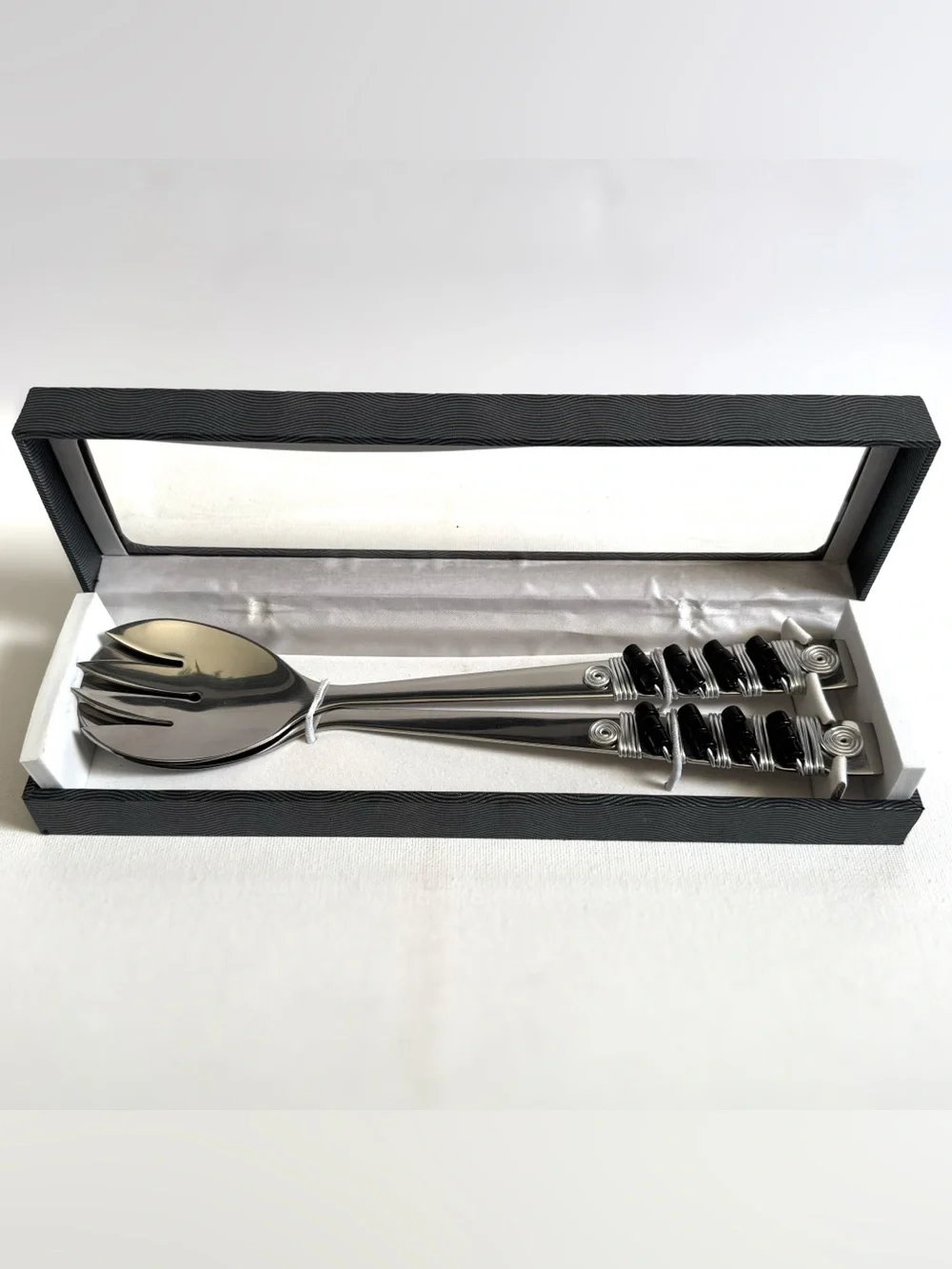 Wild Eye Designs Stainless Steel Salad Server Set Silver Black Beaded Artisan